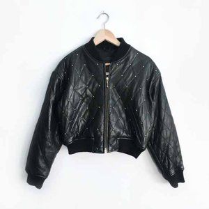 nevada blue lambskin leather studded quilted cropped black bomber jacket - xs